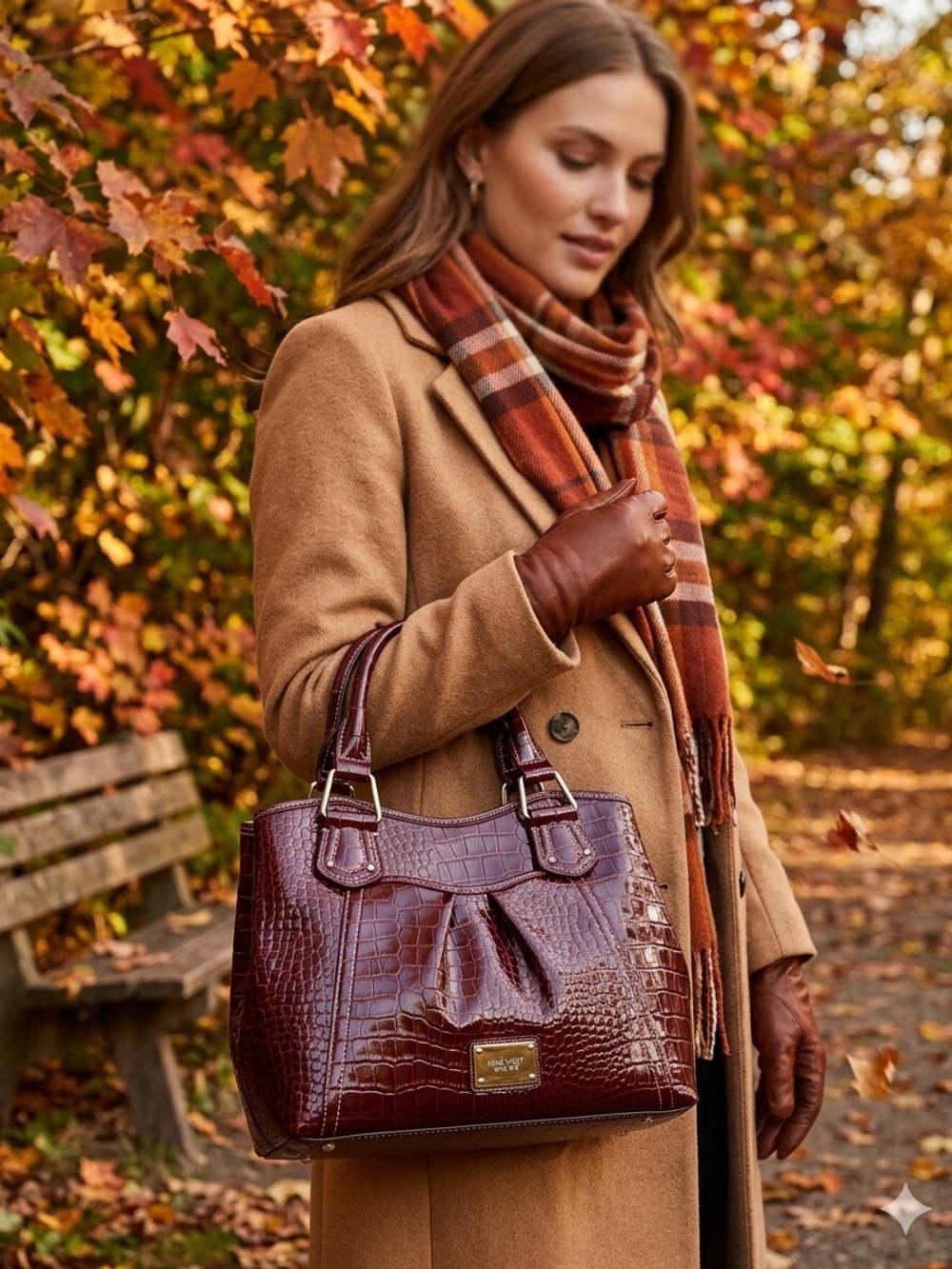 🍁Nine West Burgundy Faux-Croc Shoulder Tote. 
🌻🍁